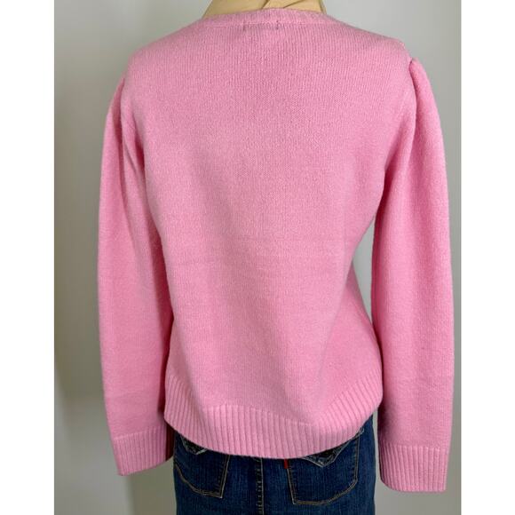 On Twelfth pink acrylic spandex pearl studded women’s LOVE MORE sweater - Picture 3 of 5